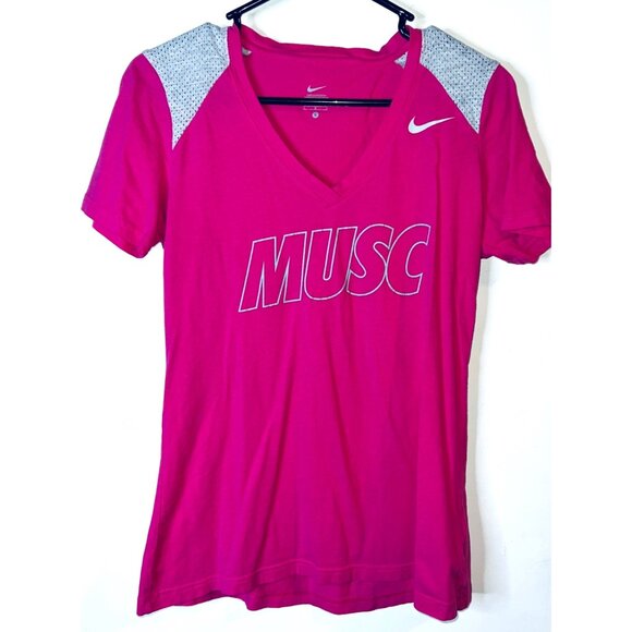 Nike Pink MUSC V-Neck Top Gray Mesh Shoulders Large - Picture 1 of 4